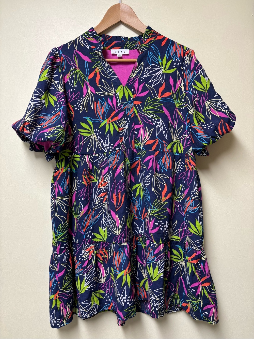 THML Navy Neon Tropical Floral Babydoll Mini Dress- Medium